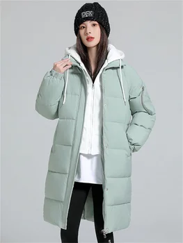 Пуховое памучни палта, дамски фалшиви паркове с качулка от две части, Корейската дългата свободна плътна топли дрехи