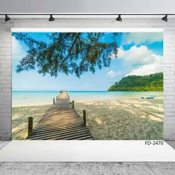 Пясъчен плаж и Дървен мост, морски пейзаж с дървета, портрет, Детски фон за фотография, Фотографски фонове за фото студио