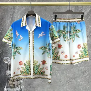 Ризи с цветен модел в стил ретро, градинска облекло, спортен костюм в стил хип-хоп, всекидневен костюм за почивка на плажа, с къс ръкав, Хавайска риза, градинска облекло