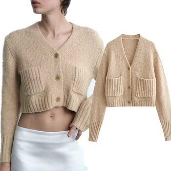 Увядший однобортный вязаный жилетка с джобове, Модерен женски пуловер Каки, Елегантен Всекидневен пуловер, дамски блузи