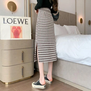 Утолщающая вълнена пола с цепка в ретро стил, Корейската модерен Дамски панталон с ципове с висока талия, Елегантна, топла пола Midi