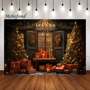 Фон за снимки Mehofond, Зимно Коледа прозорец, Подаръци, блестяща Коледна елха, Детски, семеен портрет, декор, на фона на фото студио