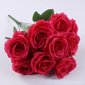 Цветя от изкуствена коприна Букет от Рози Син Сватбен Декор Ярко червено изкуствени Рози Букет от Цветя, Аксесоари за дома
