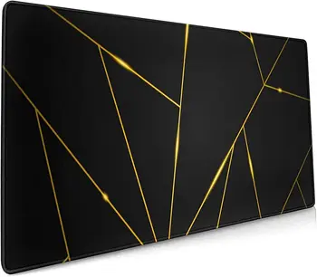 Черна Геометрична линия Gold Line с Прошитым Ръба, Разширени Водоустойчива Подплата За масата, Нескользящая Гумена основа, Голяма подложка За клавиатура 31,5 × 11,8 инча