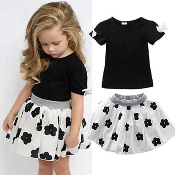Новият костюм на принцеса за малко момиче, черна тениска, риза + панталон, балерина, бяла цвете пакет, комплект от 2 теми