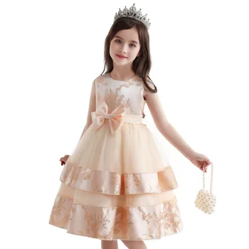 Ново модно сетчатое бебешка рокля трапецовидна форма със златен лък, расшитое перли рокля, елегантни детски рокли, потници за празнични партита